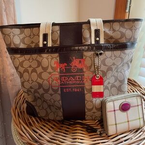 Coach Brown Monogram Tote Bag with Leather Trim and Wallet